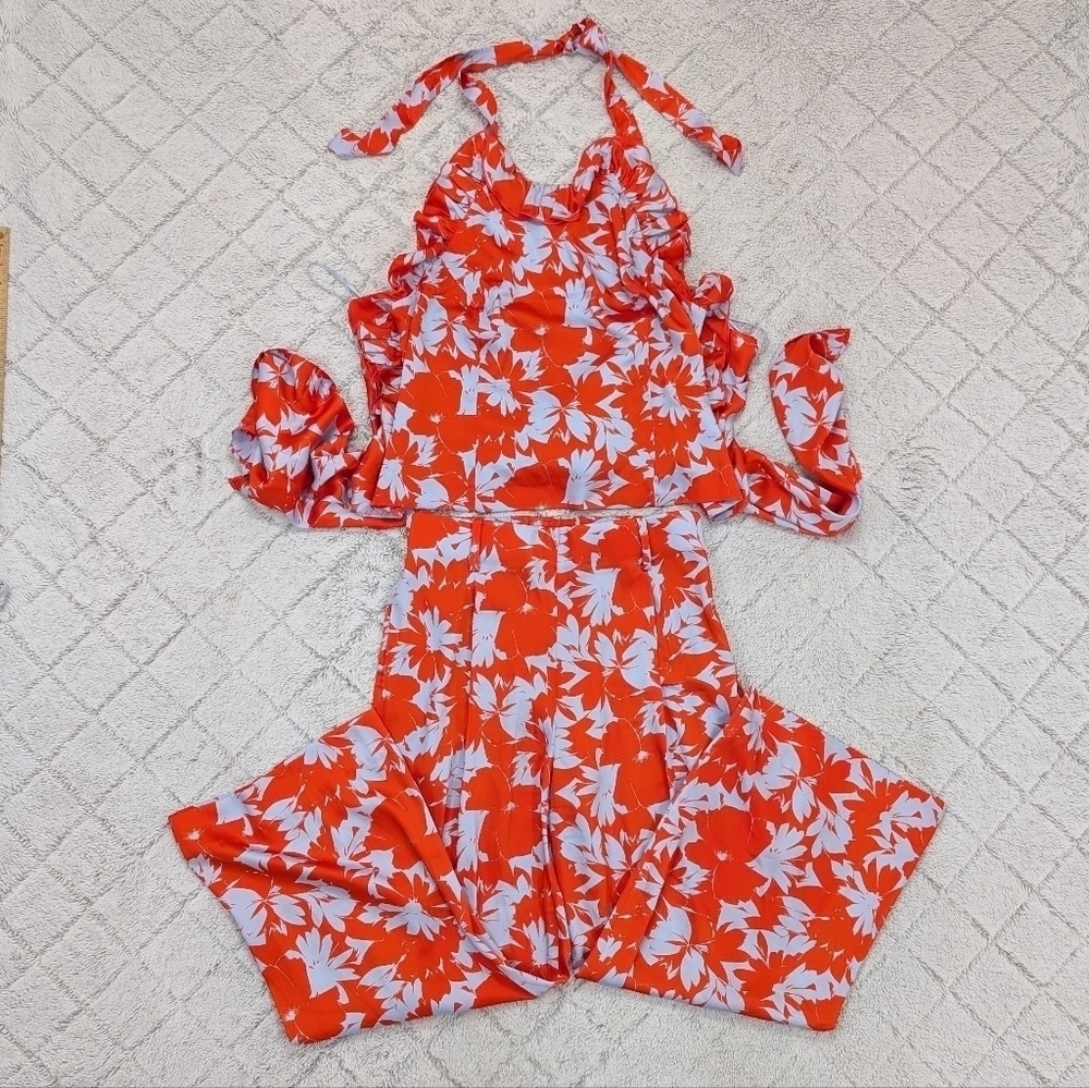 J. Crew Pants Set Womens 8 Large Orange Ratti Falling Leaves Halter Top Ruffle
